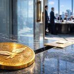 WLFI cryptocurrency coin placed on a boardroom table outside a high-level executive meeting, symbolizing the Trump-backed project offering guaranteed direct access to investors for $5 million