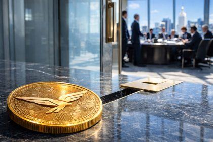 WLFI cryptocurrency coin placed on a boardroom table outside a high-level executive meeting, symbolizing the Trump-backed project offering guaranteed direct access to investors for $5 million