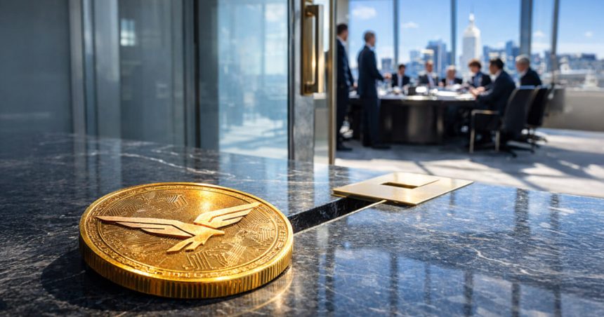 WLFI cryptocurrency coin placed on a boardroom table outside a high-level executive meeting, symbolizing the Trump-backed project offering guaranteed direct access to investors for $5 million