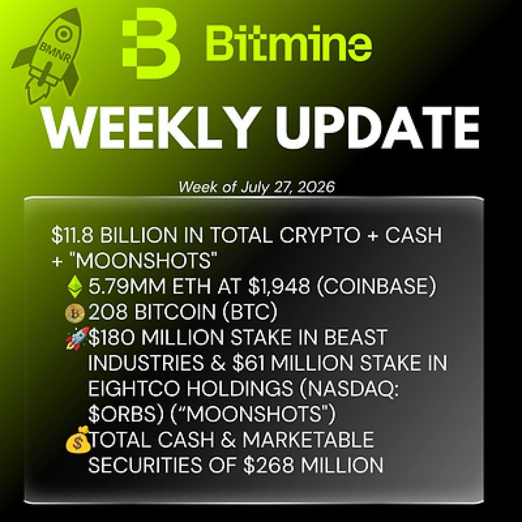 Bitmine Immersion Technologies (BMNR) Announces ETH Holdings Reach 5.79 Million Tokens, and Total Crypto and Total Cash Holdings of $11.8 Billion